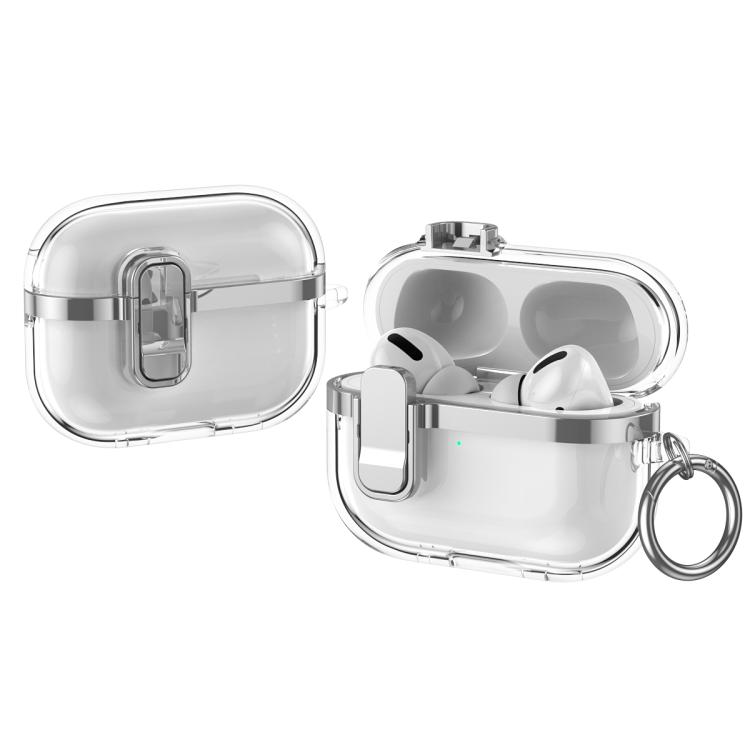 For AirPods Pro Electroplating Transparent Wireless Earphones Case with Security Lock(Silver)