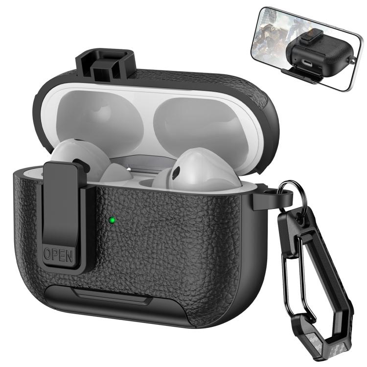 For AirPods Pro Leather Texture Wireless Earphones Case with Hook & Holder(Black)