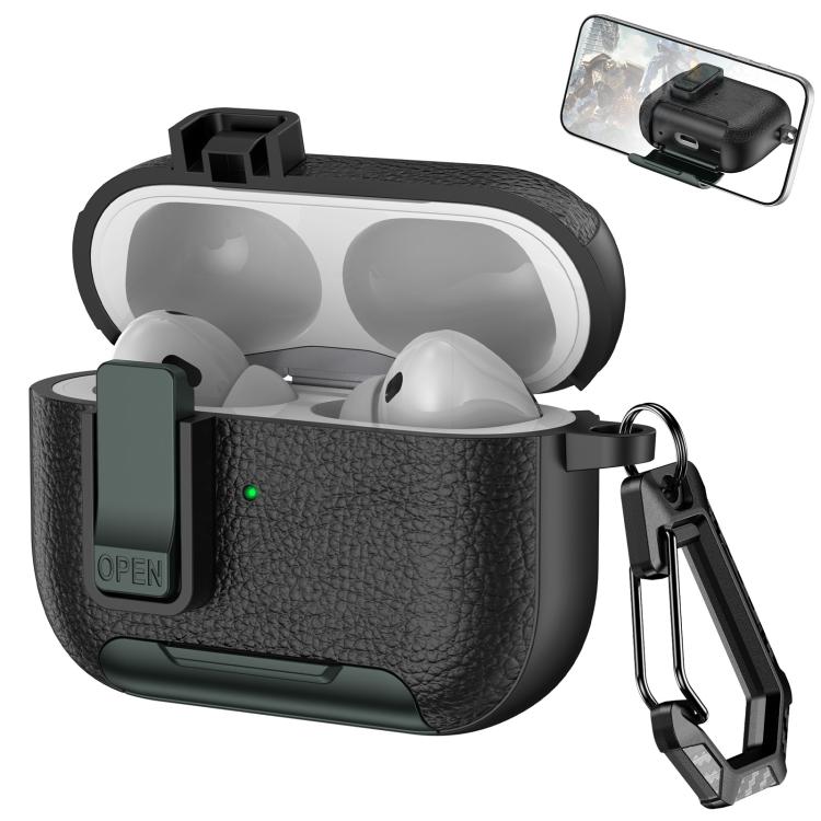 For AirPods Pro Leather Texture Wireless Earphones Case with Hook & Holder(Black Army Green)