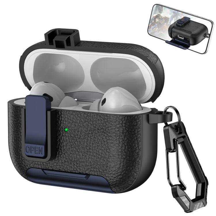 For AirPods Pro Leather Texture Wireless Earphones Case with Hook & Holder(Black Dark Blue)