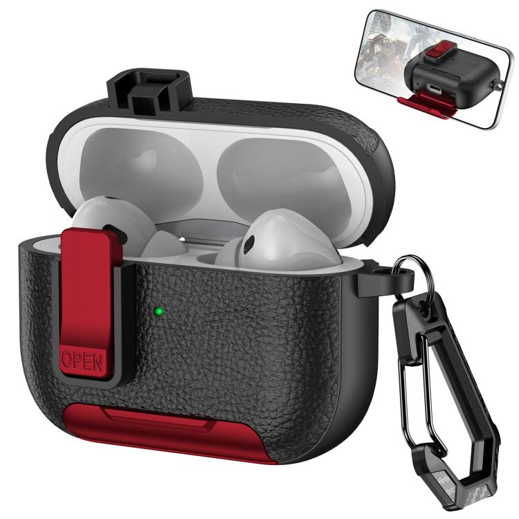 For AirPods Pro Leather Texture Wireless Earphones Case with Hook & Holder(Black Red)