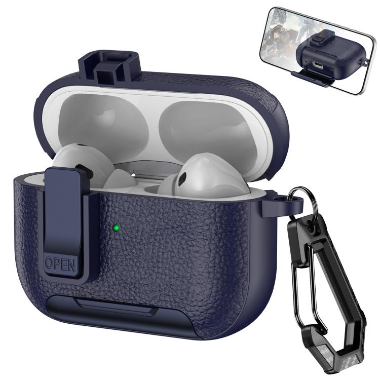 For AirPods Pro Leather Texture Wireless Earphones Case with Hook & Holder(Dark Blue)