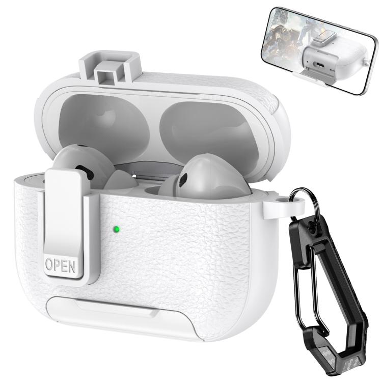For AirPods Pro Leather Texture Wireless Earphones Case with Hook & Holder(White)