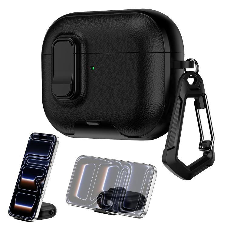 For AirPods Pro Litchi Texture Earphone Case with Holder & Security Lock(Black)
