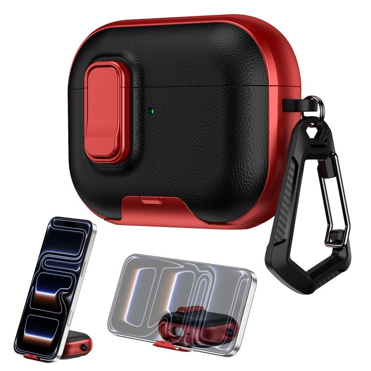 For AirPods Pro Litchi Texture Earphone Case with Holder & Security Lock(Black Red)