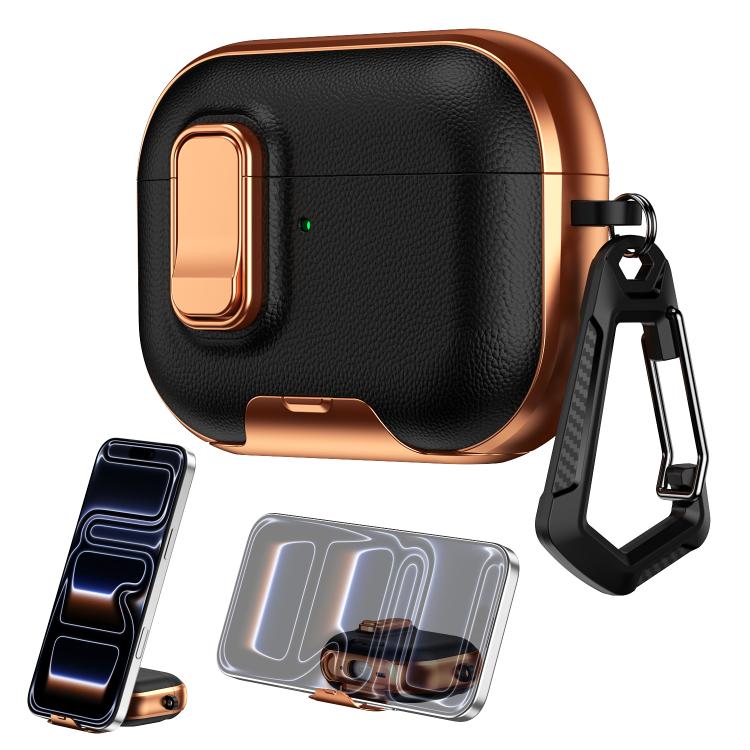 For AirPods Pro Litchi Texture Earphone Case with Holder & Security Lock(Black Rose Gold)
