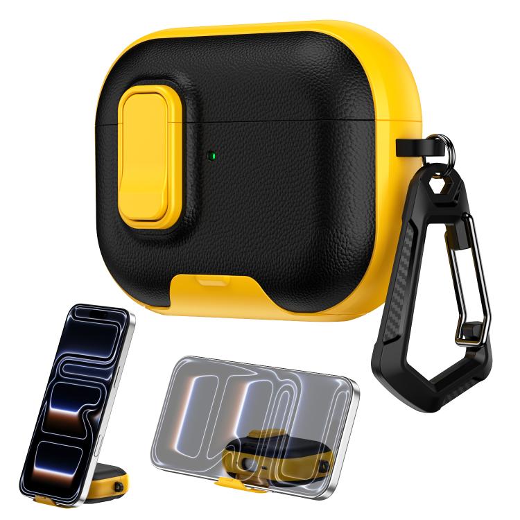 For AirPods Pro Litchi Texture Earphone Case with Holder & Security Lock(Black Yellow)