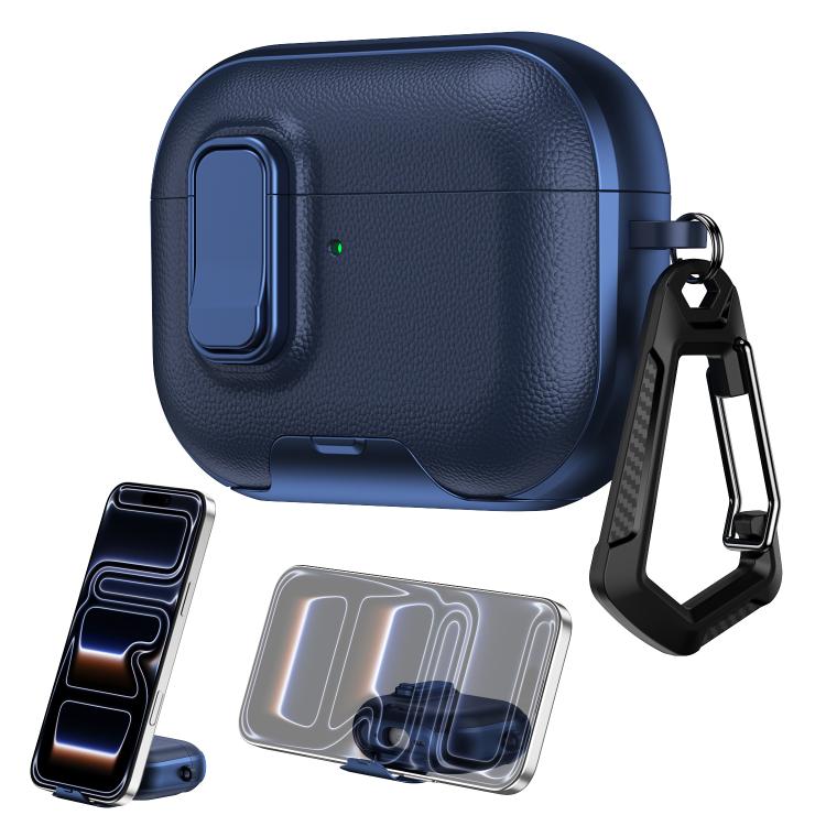 For AirPods Pro Litchi Texture Earphone Case with Holder & Security Lock(Dark Blue)
