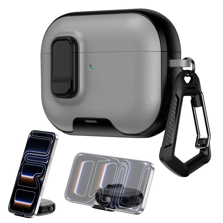 For AirPods Pro Litchi Texture Earphone Case with Holder & Security Lock(Grey Black)