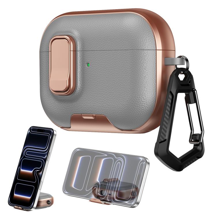 For AirPods Pro Litchi Texture Earphone Case with Holder & Security Lock(Grey Rose Gold)