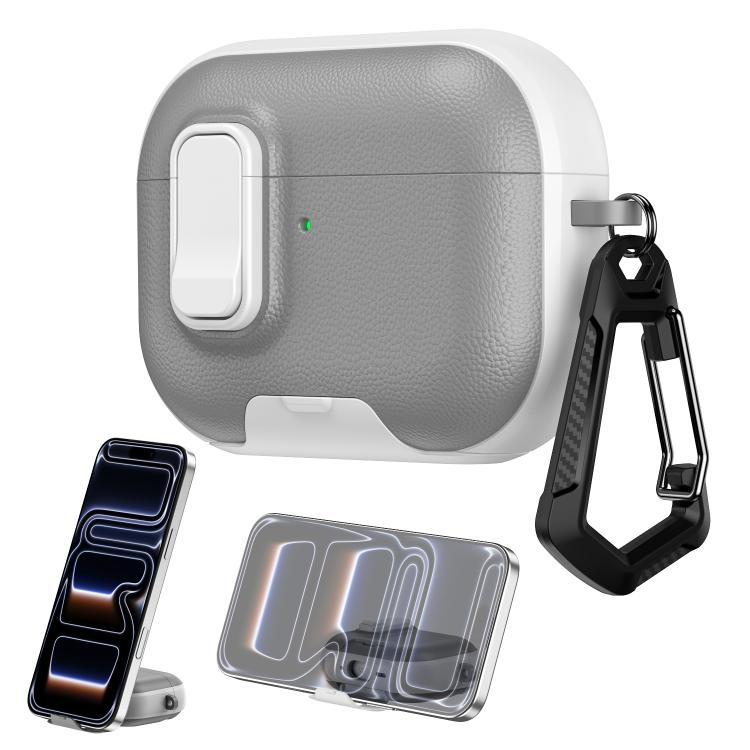 For AirPods Pro Litchi Texture Earphone Case with Holder & Security Lock(Grey White)