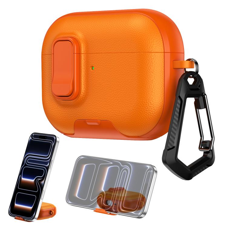 For AirPods Pro Litchi Texture Earphone Case with Holder & Security Lock(Orange)