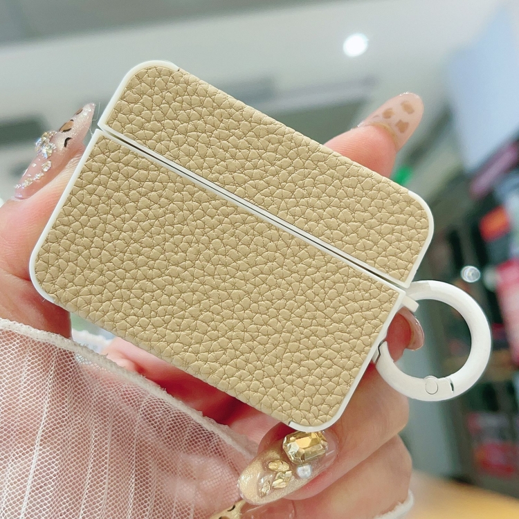 For AirPods Pro Litchi Texture Leather Sticker Earphones Protective Case(Apricot)