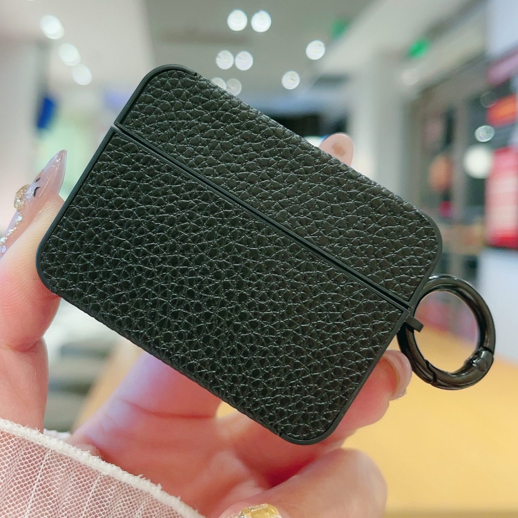 For AirPods Pro Litchi Texture Leather Sticker Earphones Protective Case(Black)
