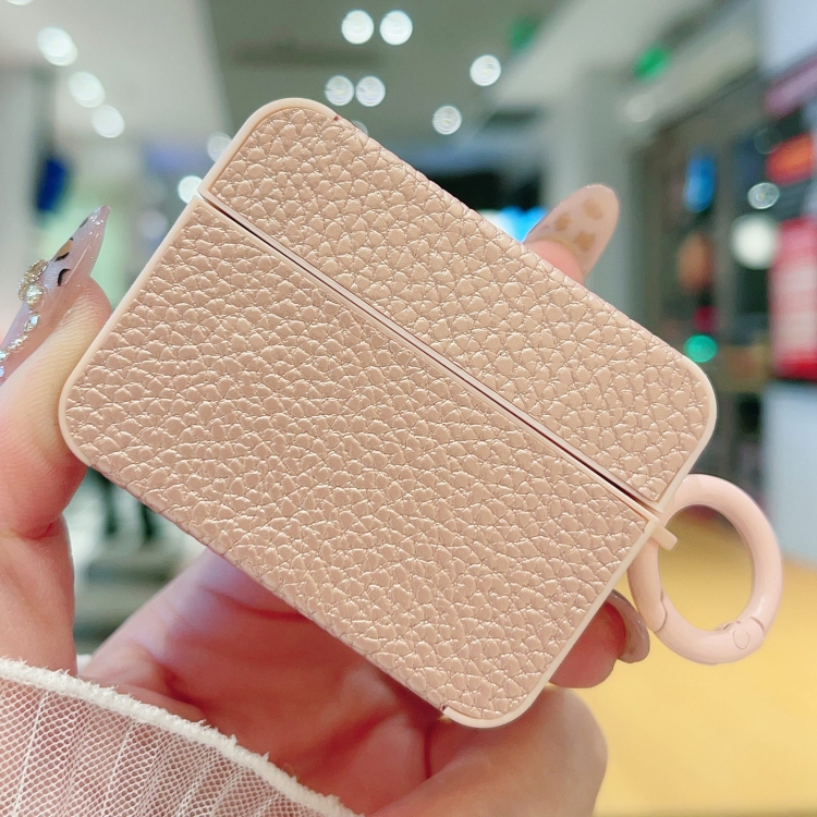 For AirPods Pro Litchi Texture Leather Sticker Earphones Protective Case(Rose Gold)