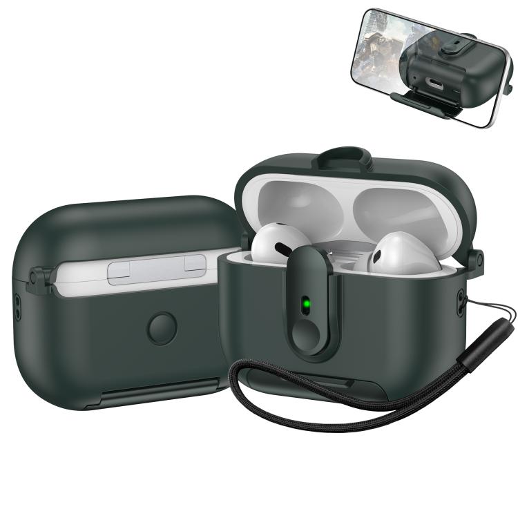 For AirPods Pro One-piece Holder Wireless Earphones Case with Lanyard(Army Green)