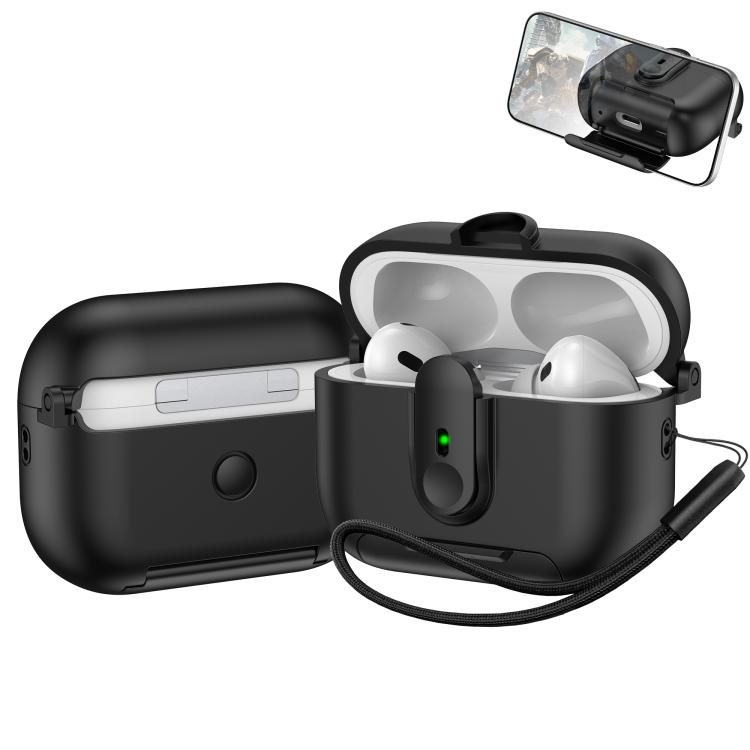 For AirPods Pro One-piece Holder Wireless Earphones Case with Lanyard(Black)