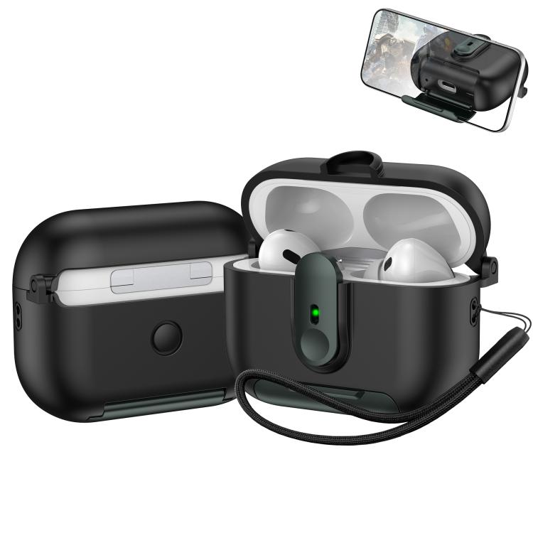 For AirPods Pro One-piece Holder Wireless Earphones Case with Lanyard(Black Army Green)
