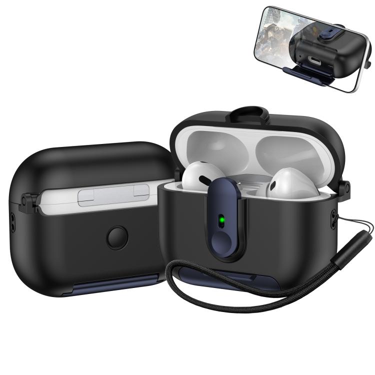 For AirPods Pro One-piece Holder Wireless Earphones Case with Lanyard(Black Dark Blue)