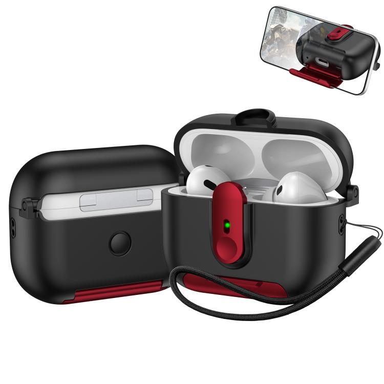 For AirPods Pro One-piece Holder Wireless Earphones Case with Lanyard(Black Red)