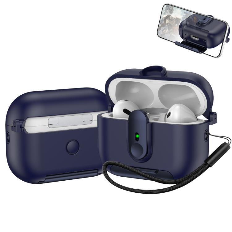 For AirPods Pro One-piece Holder Wireless Earphones Case with Lanyard(Dark Blue)