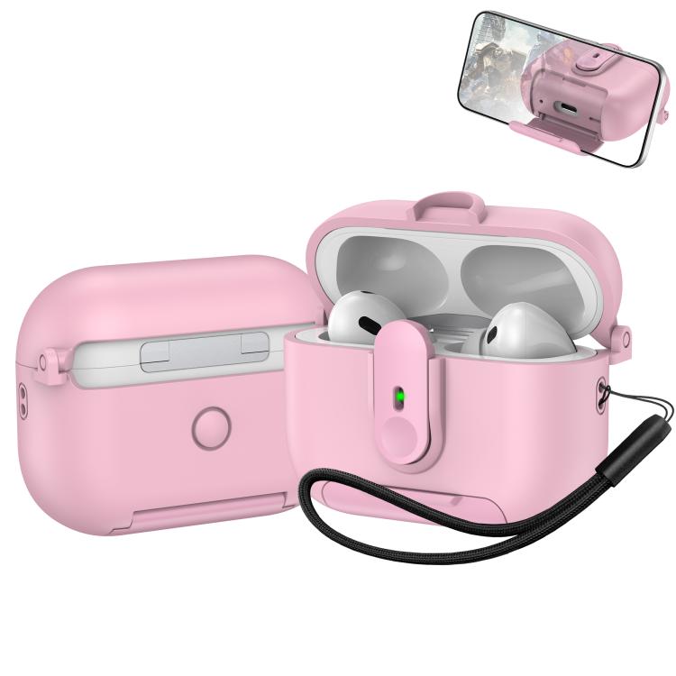 For AirPods Pro One-piece Holder Wireless Earphones Case with Lanyard(Pink)