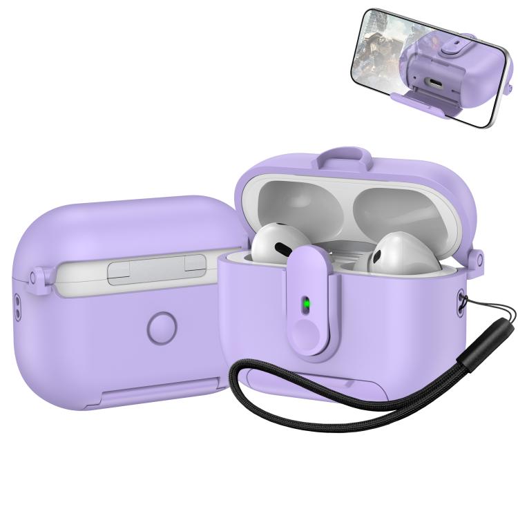 For AirPods Pro One-piece Holder Wireless Earphones Case with Lanyard(Purple)
