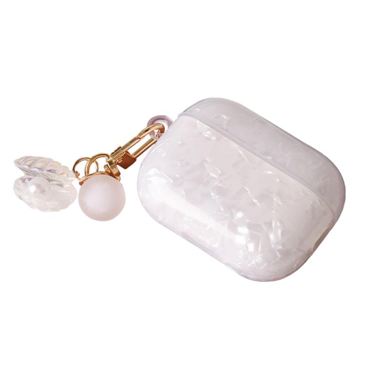 For AirPods Pro Shell Texture Pearl Hanging Buckle Earphone Case(White)
