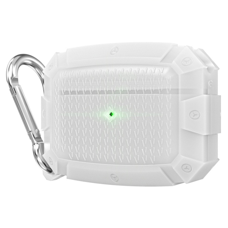 For AirPods Pro Shield Armor Waterproof Wireless Earphone Protective Case with Carabiner(Fluorescent White)