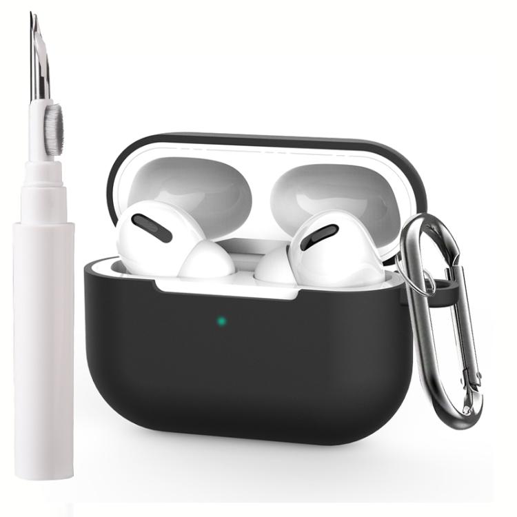 For AirPods Pro Silicone Earphone Protective Cover with Cleaning Pen + Hanging Buckle(Black)