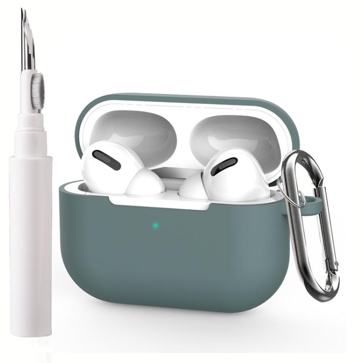 For AirPods Pro Silicone Earphone Protective Cover with Cleaning Pen + Hanging Buckle(Dark Night Green)