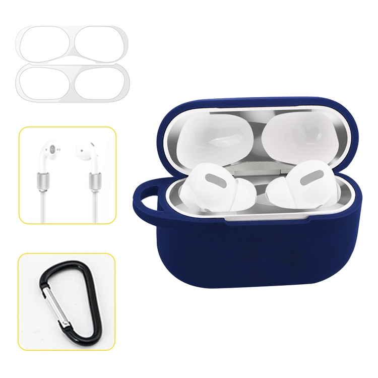 For AirPods Pro Silicone Wireless Earphone Protective Case Storage Box with Hook & Anti-drop Rope(Blue+Silver Inner Sticker)
