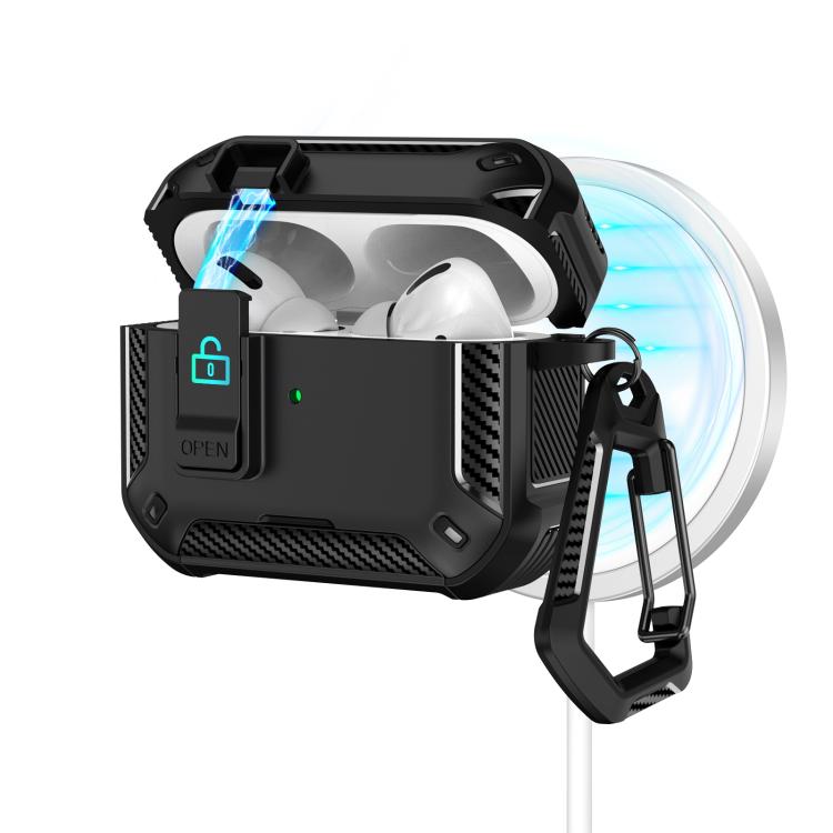 For AirPods Pro Two Color MagSafe Magnetic Earphone Case with Holder & Security Lock(Black)