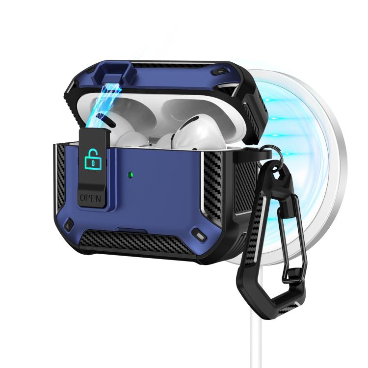 For AirPods Pro Two Color MagSafe Magnetic Earphone Case with Holder & Security Lock(Black Blue)