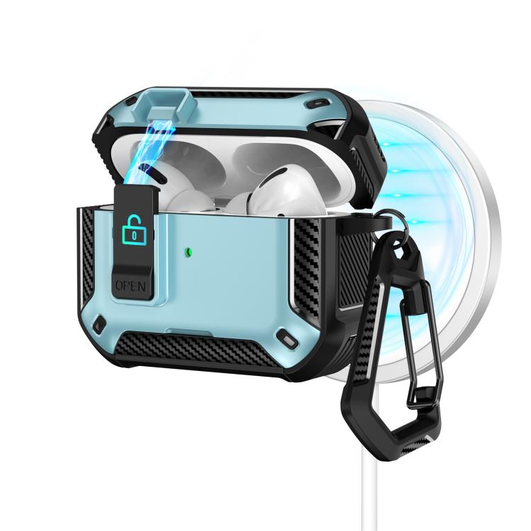 For AirPods Pro Two Color MagSafe Magnetic Earphone Case with Holder & Security Lock(Black Light Blue)