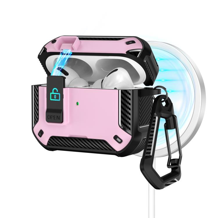 For AirPods Pro Two Color MagSafe Magnetic Earphone Case with Holder & Security Lock(Black Pink)