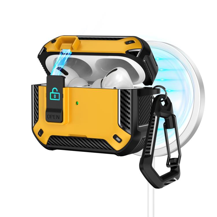 For AirPods Pro Two Color MagSafe Magnetic Earphone Case with Holder & Security Lock(Black Yellow)