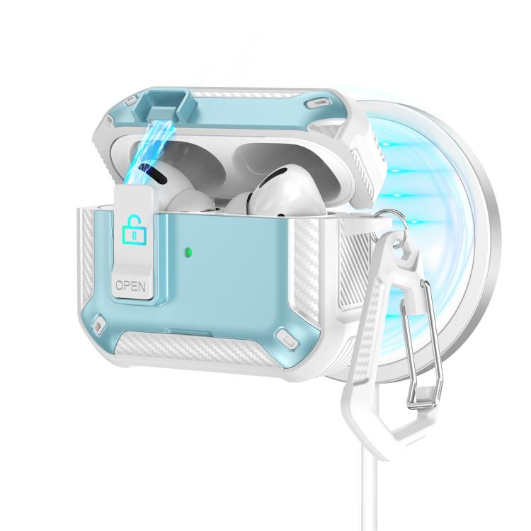 For AirPods Pro Two Color MagSafe Magnetic Earphone Case with Holder & Security Lock(White Blue)