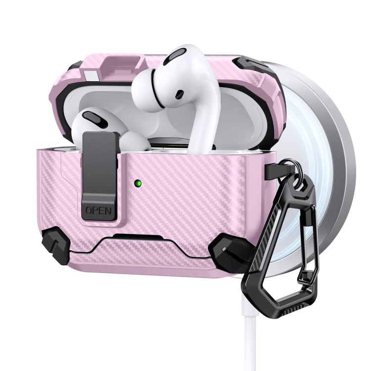 For AirPods Pro Two Color MagSafe Magnetic Holder Carbon Fiber Pattern Earphone Case(Black Pink)