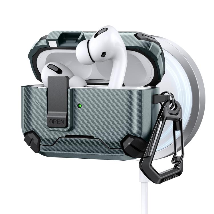 For AirPods Pro Two Color MagSafe Magnetic Holder Carbon Fiber Pattern Earphone Case(Green)