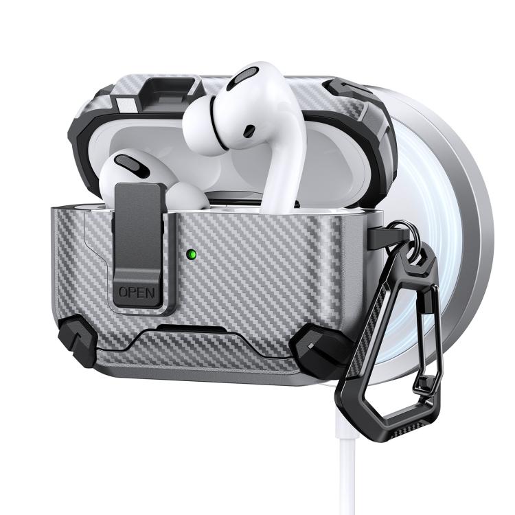 For AirPods Pro Two Color MagSafe Magnetic Holder Carbon Fiber Pattern Earphone Case(Grey)