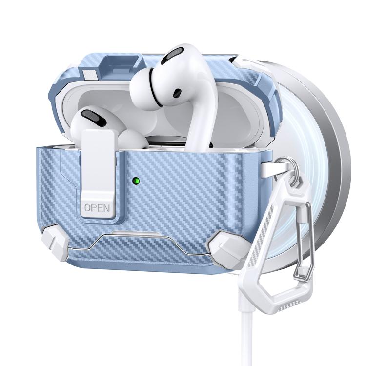 For AirPods Pro Two Color MagSafe Magnetic Holder Carbon Fiber Pattern Earphone Case(White Light Blue)