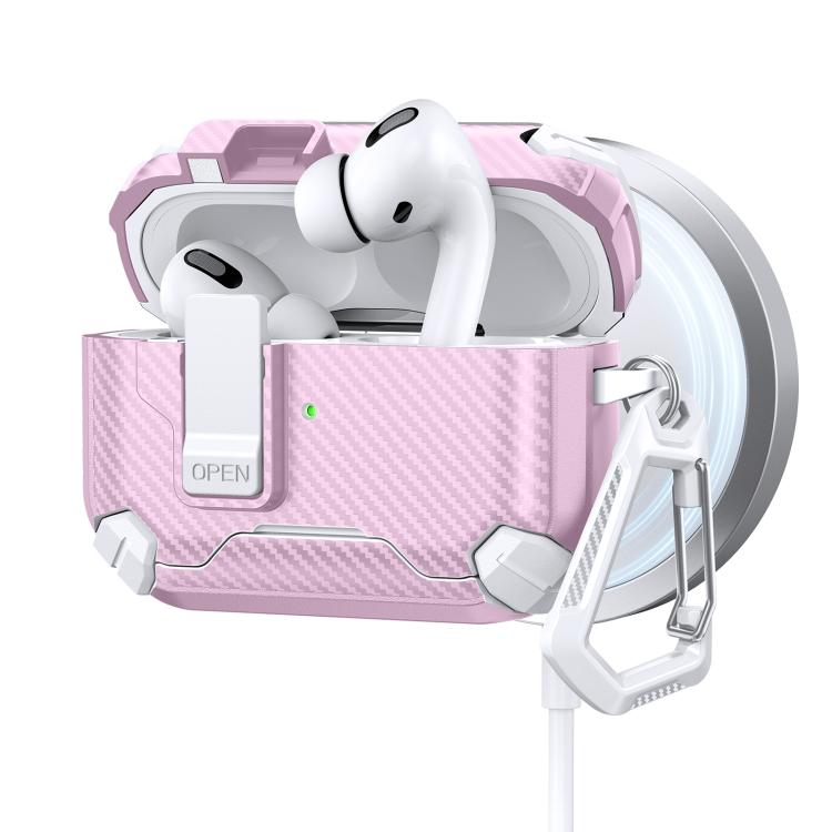For AirPods Pro Two Color MagSafe Magnetic Holder Carbon Fiber Pattern Earphone Case(White Pink)