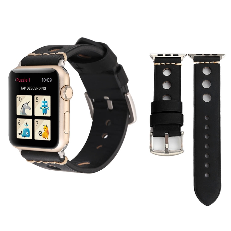 For Apple Watch Series 10 42mm / 9&8&7 41mm / SE 3&SE 2&6&SE&5&4 40mm / 3&2&1 38mm Retro Hole Genuine Leather Wrist Watch Band(Black)