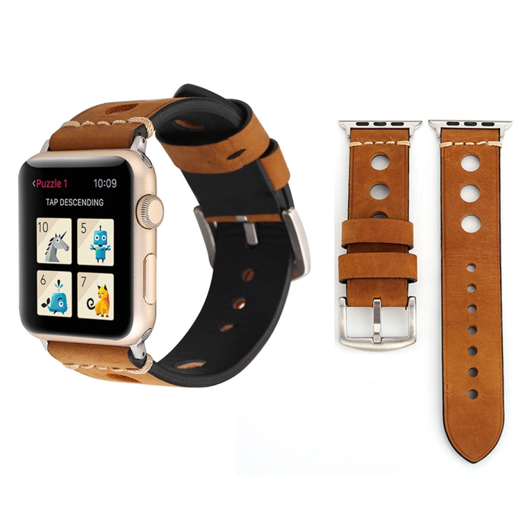 For Apple Watch Series 10 42mm / 9&8&7 41mm / SE 3&SE 2&6&SE&5&4 40mm / 3&2&1 38mm Retro Hole Genuine Leather Wrist Watch Band(Brown)
