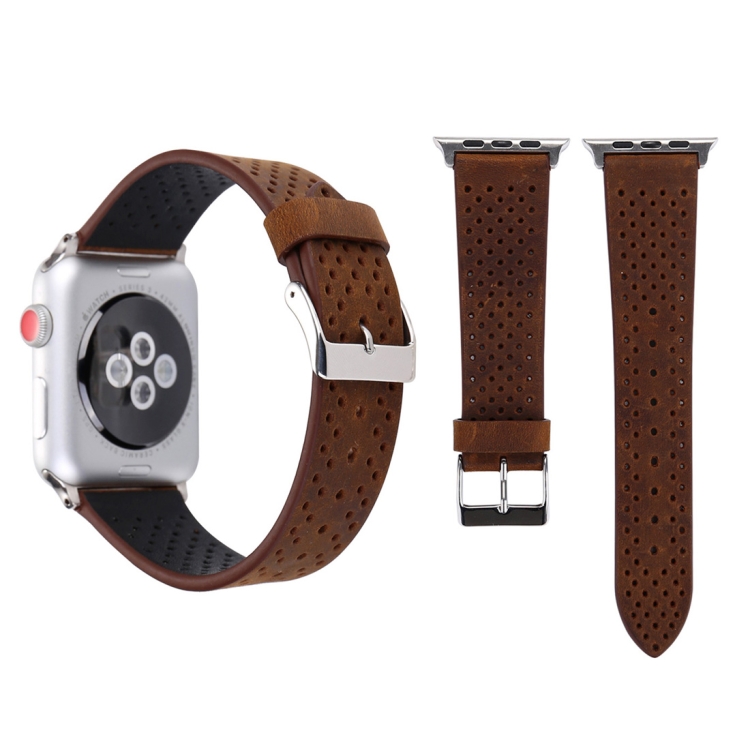 For Apple Watch Series 10 42mm / 9&8&7 41mm / SE 3&SE 2&6&SE&5&4 40mm / 3&2&1 38mm Simple Fashion Genuine Leather Hole Pattern Watch Band(Brown)