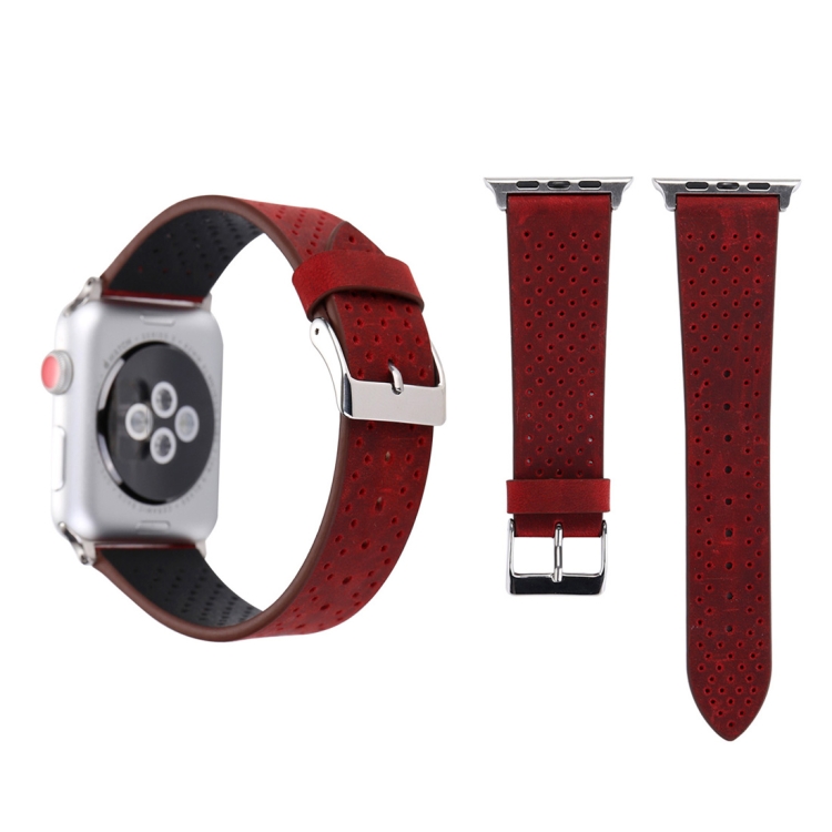 For Apple Watch Series 10 42mm / 9&8&7 41mm / SE 3&SE 2&6&SE&5&4 40mm / 3&2&1 38mm Simple Fashion Genuine Leather Hole Pattern Watch Band(Red)