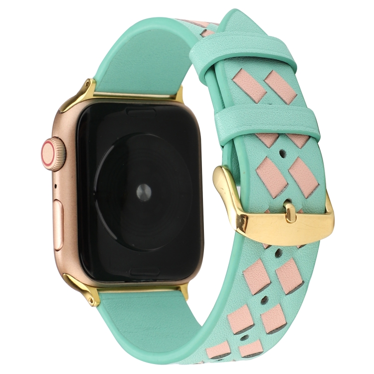 For Apple Watch Series 7 41mm / 6 & SE & 5 & 4 40mm / 3 & 2 & 1 38mm Woven Pattern Genuine Leather Strap(Green Pink)