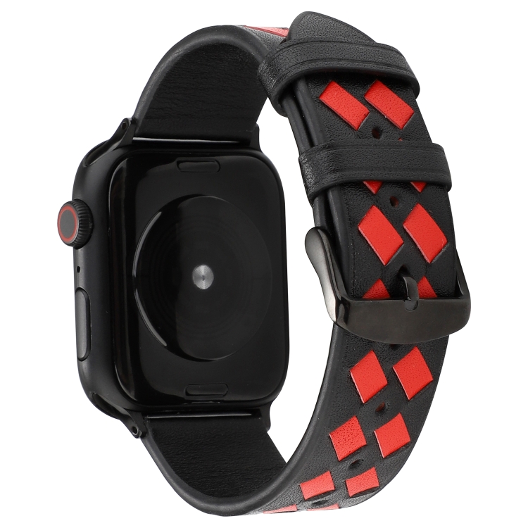 For Apple Watch Series 9&8&7 41mm / SE 3&SE 2&6&SE&5&4 40mm / 3&2&1 38mm Woven Pattern Genuine Leather Strap(Black Red)