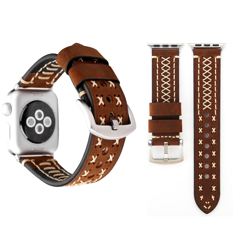 For Apple Watch Ultra 49mm&Watch Ultra 2 49mm / Series 10 46mm / 9&8&7 45mm / SE 3&SE 2&6&SE&5&4 44mm / 3&2&1 42mm Manual Line Pattern Genuine Leather Wrist Watch Band(Coffee)